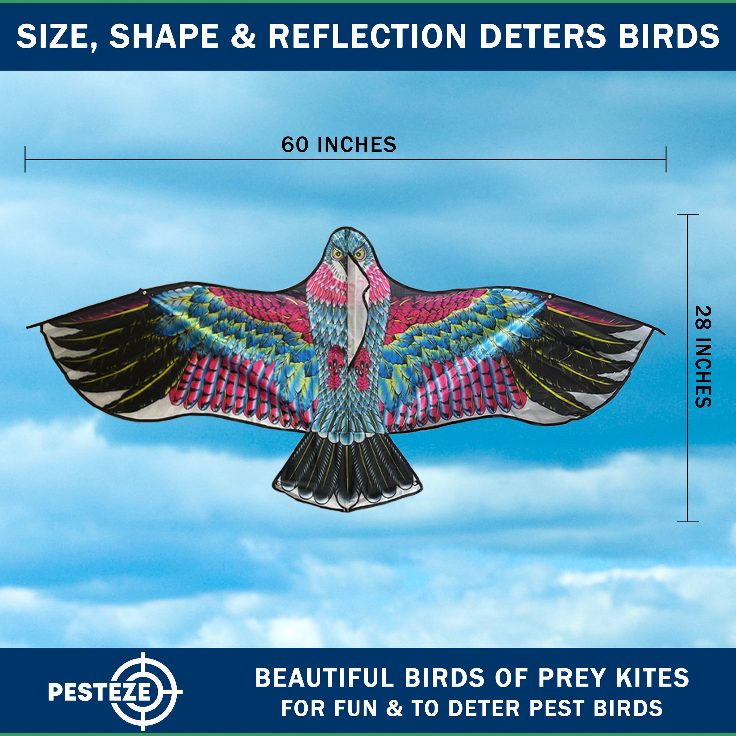 PESTEZE® USA Huge Red Eagle Kite [60x28 Inch] EZ & Fun to Fly. Also Provides Humane Bird Deterrence in Yards & Farms. Protects Vegetables, Fruits & Crops from Pest Birds & Critters