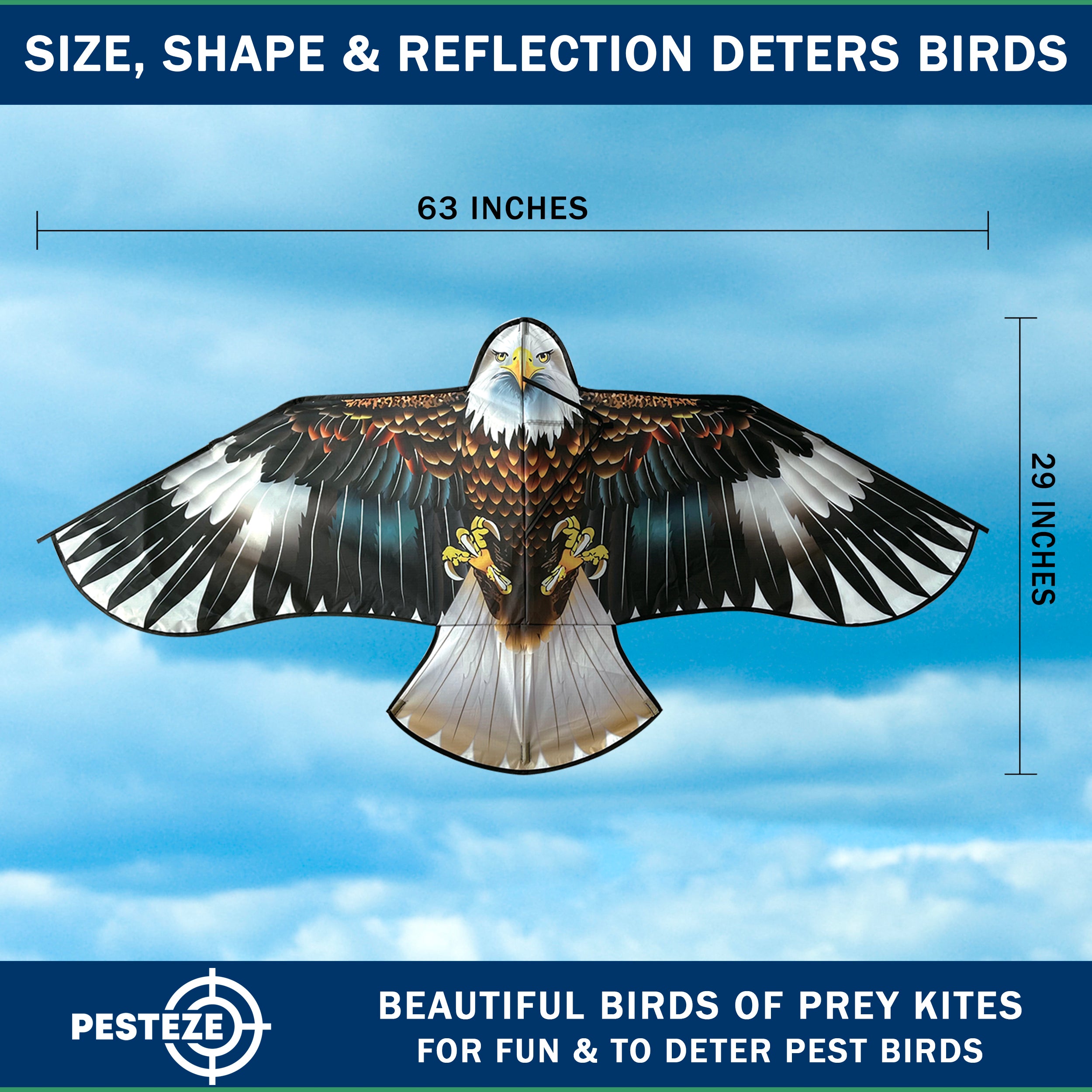 PESTEZE® USA Huge Blue Eagle [63x29 Inch]. EZ & Fun to Fly. Also provides Humane Bird Deterrence in Yards & Farms. Protects Vegetables, Fruits & Crops from Pest Birds & Critters