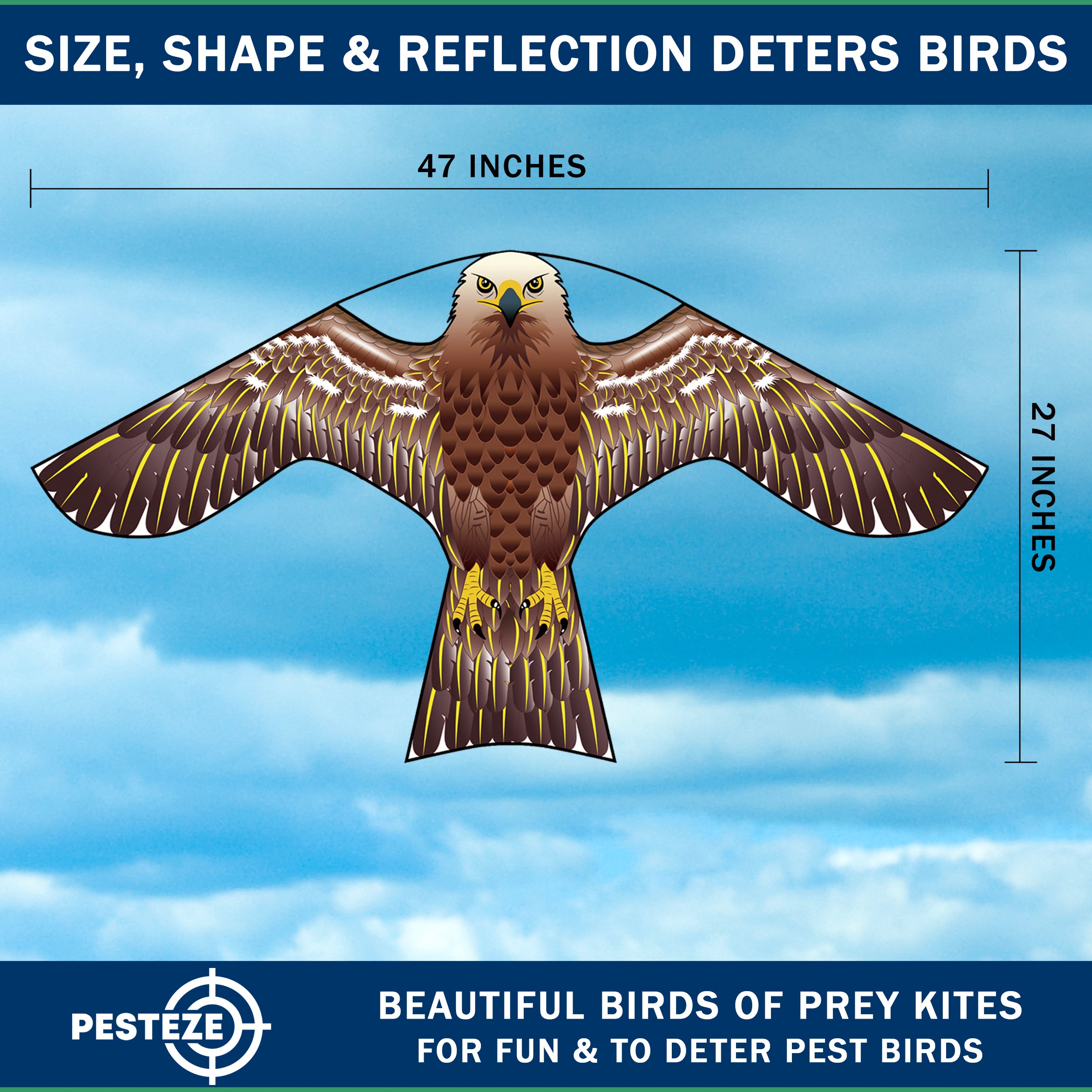 PESTEZE® USA Hawk Kite [47x27 Inch] EZ & Fun to Fly. Also Provides Humane Bird Deterrence in Yards & Farms. Protects Vegetables, Fruits & Crops from Pest Birds & Critters