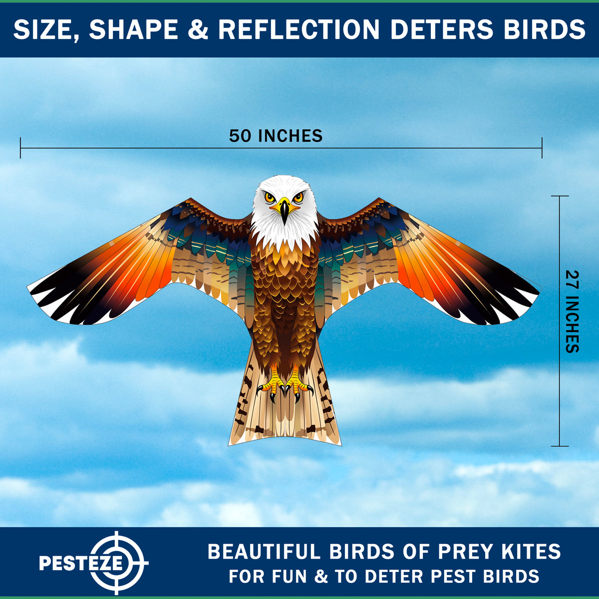 PESTEZE® USA Brown Eagle EZ to Fly Kite with String for Beach, Park & Yard. Also Bird Deterrent to Protect Garden & Crops from Pest Birds