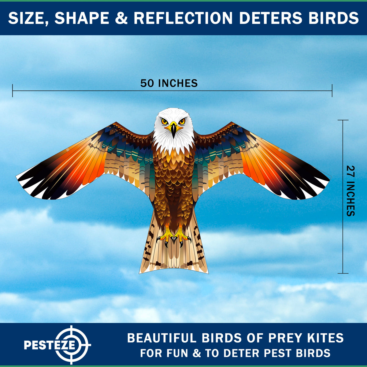 PESTEZE® USA Brown Eagle Bird Deterrent Kite with 13 ft Flagpole - Use in Yards & Farms to Protect Vegetables, Fruits, Crops & Property from Pest Birds