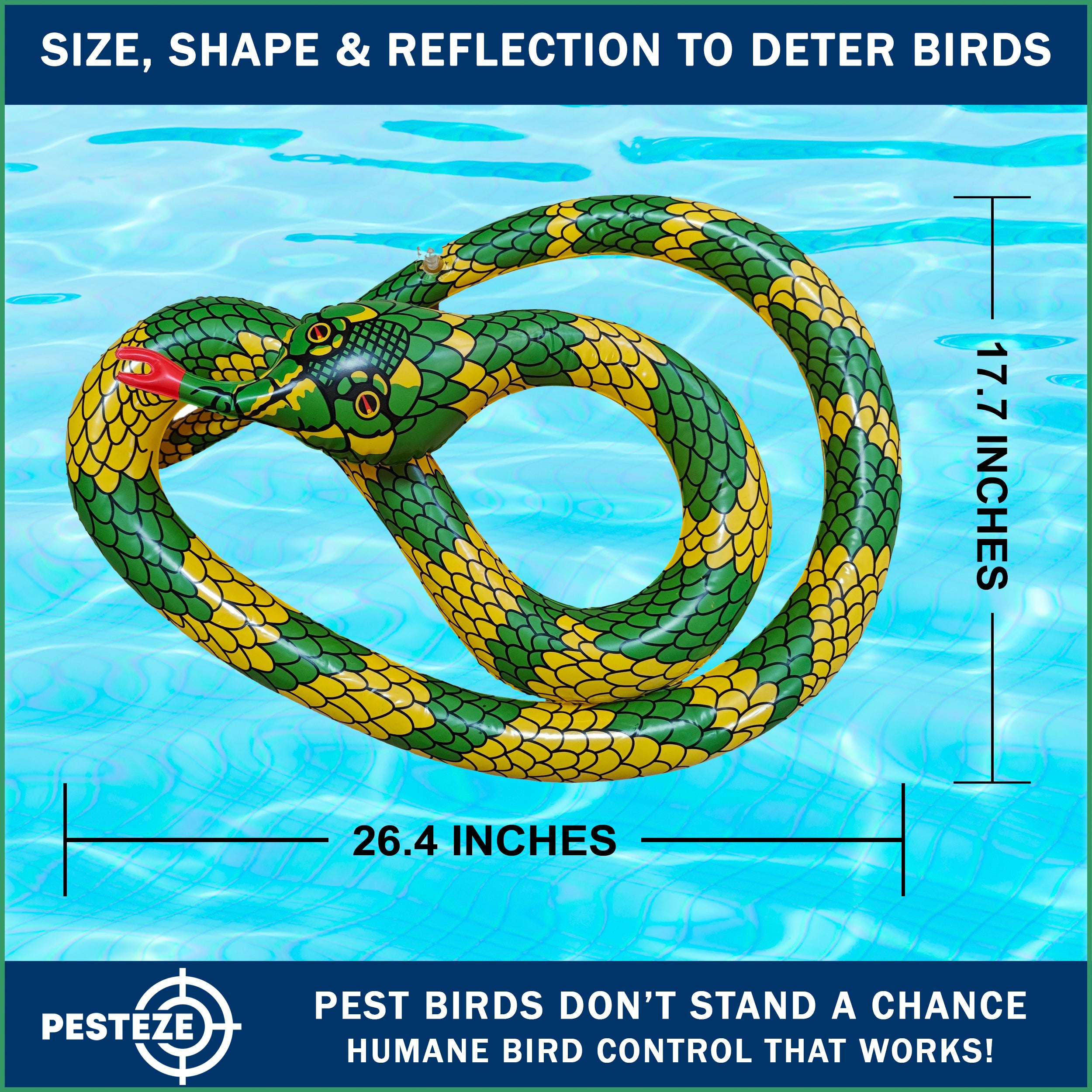 PESTEZE® USA 27 Inch Inflatible Snake [2 Pack Curly Yellow-Green Color] Scares Pest Birds Like Ducks Woodpeckers, Sparrows, Pigeons, Crows, Gulls & Critters from Pools & Yards Without Harming them to Protect Property