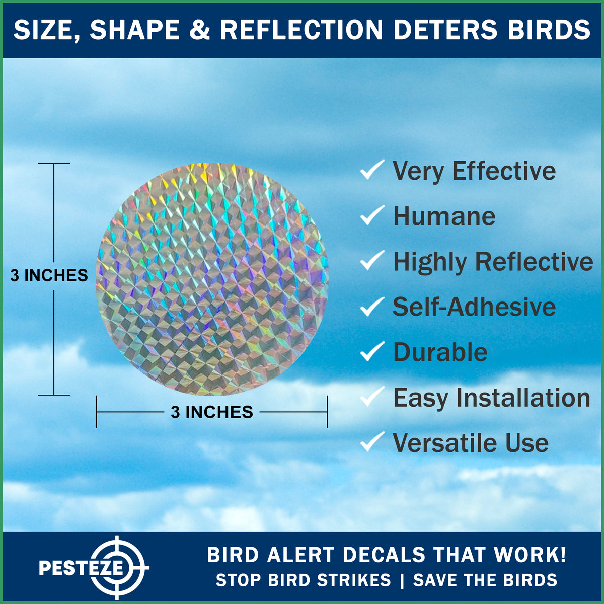 PESTEZE® USA Bird Deterrent Stickers 20 Pack – Premium Holographic Reflective Decals to Scare Birds Humanely, Protect Windows, Patios, Balconies & Gardens – Prevent Woodpecker, Pigeon & Sparrow Strikes