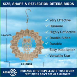 PESTEZE® Owl Stainless Steel Highly Reflective Decorative 3D Wind Spinner for Scaring Unwanted Pest Birds & Critters. 6 x 9 Inch Premium Shiny, Attractive, Sturdy, Everlasting & Humane Bird Control