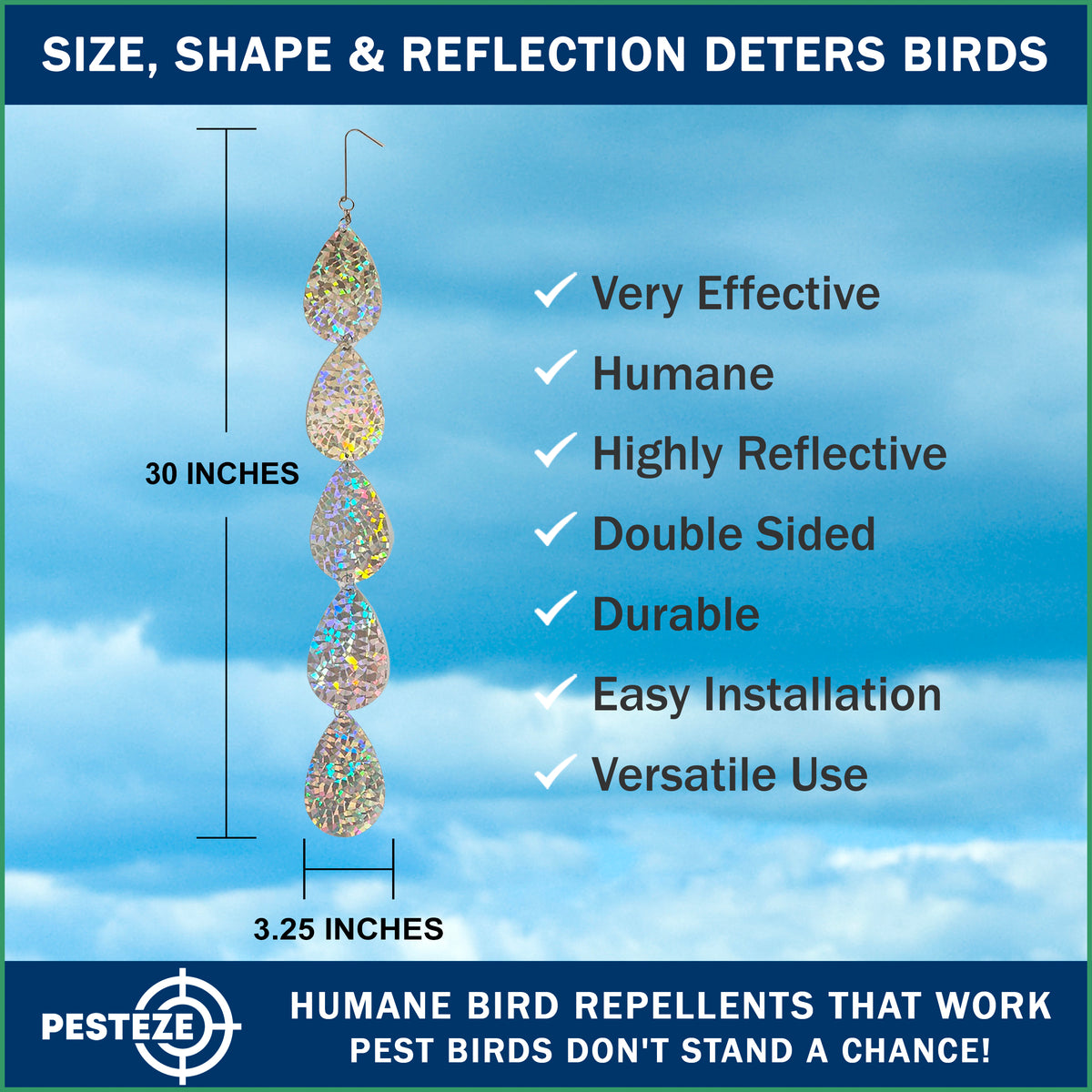 PESTEZE® USA Holographic Bird Deterrent Tape Strips, Reflective Bird Repellent Hanging Ribbon, 5 Pack 3.5 x 30 in, Scare Pigeons Crows Woodpeckers Away from Porch Patio Garden Roof Balcony Yard Decks