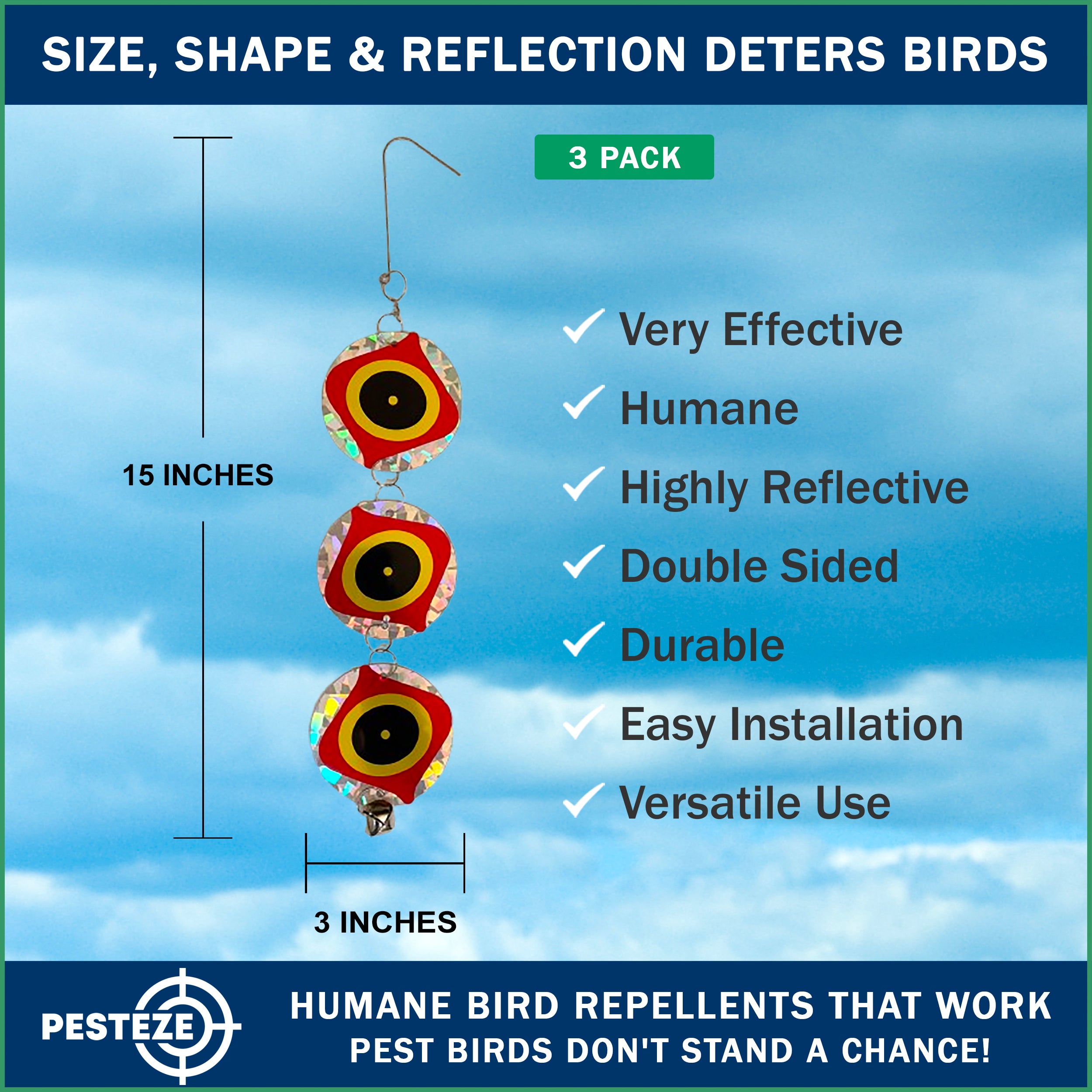 3 Pack PESTEZE® Set of 3 Holographic Shiny Circles with Predator Eyes & Bell [3 x 15 inch] Reflection Scares Pest Birds like Woodpeckers, Sparrows, Pigeons, Crows, Gulls & Critters without Harming them