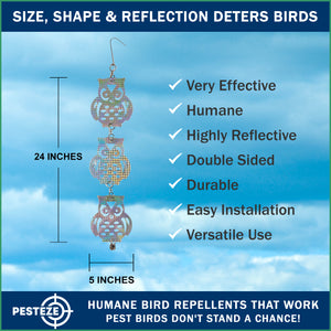 3 Piece PESTEZE® Shiny Holographic Owl Bird Repellents [5 x 24 inch] Reflection Scares Pest Birds like Woodpeckers, Sparrows, Pigeons, Crows & Gulls without Harming them to Protect Property