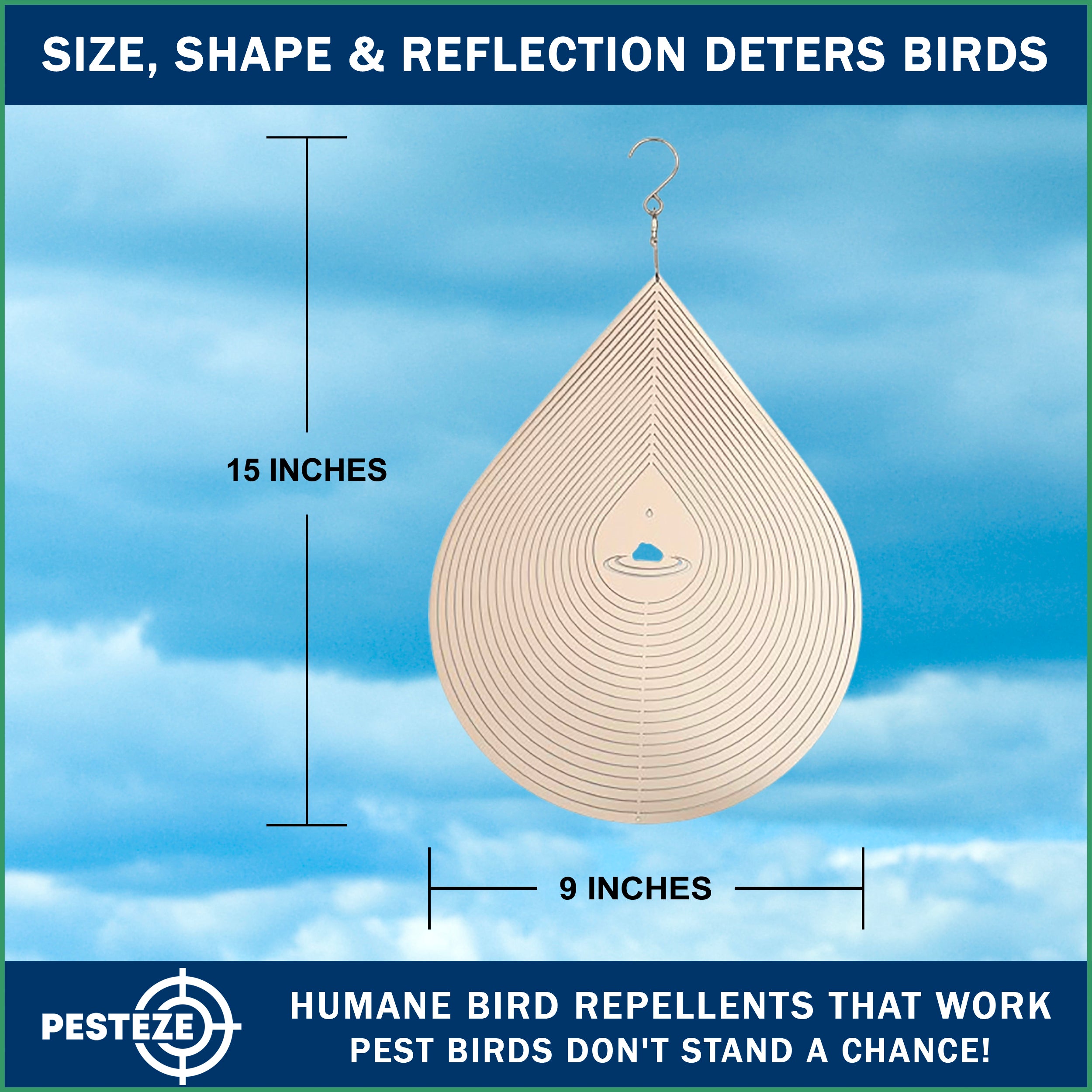 PESTEZE® USA Premium Large Water Droplet Stainless Steel Wind Spinner 9x15’’ Reflective 3D Outdoor Hanging Garden Decoration for Yard, Patio & Porch; Durable Shiny Metal Ornament Spins to Repel Birds