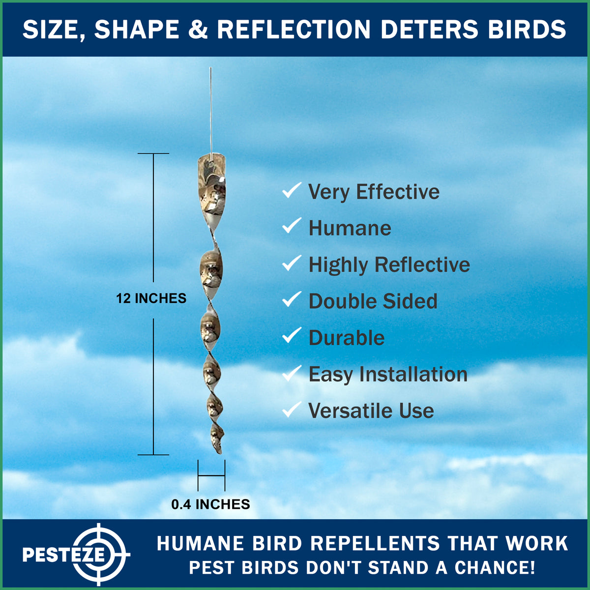 PESTEZE® USA Bird Scare Reflective Rods Bird Deterrent Outdoor Device for Birds Pigeons Crows Woodpeckers Sparrows Geese Reflective Spinners Bird Repellent for Garden Roof Balcony [12 Pack Silver]