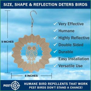 PESTEZE® Owl Stainless Steel Highly Reflective Decorative 3D Wind Spinner for Scaring Unwanted Pest Birds & Critters. 6 x 9 Inch Premium Shiny, Attractive, Sturdy, Everlasting & Humane Bird Control
