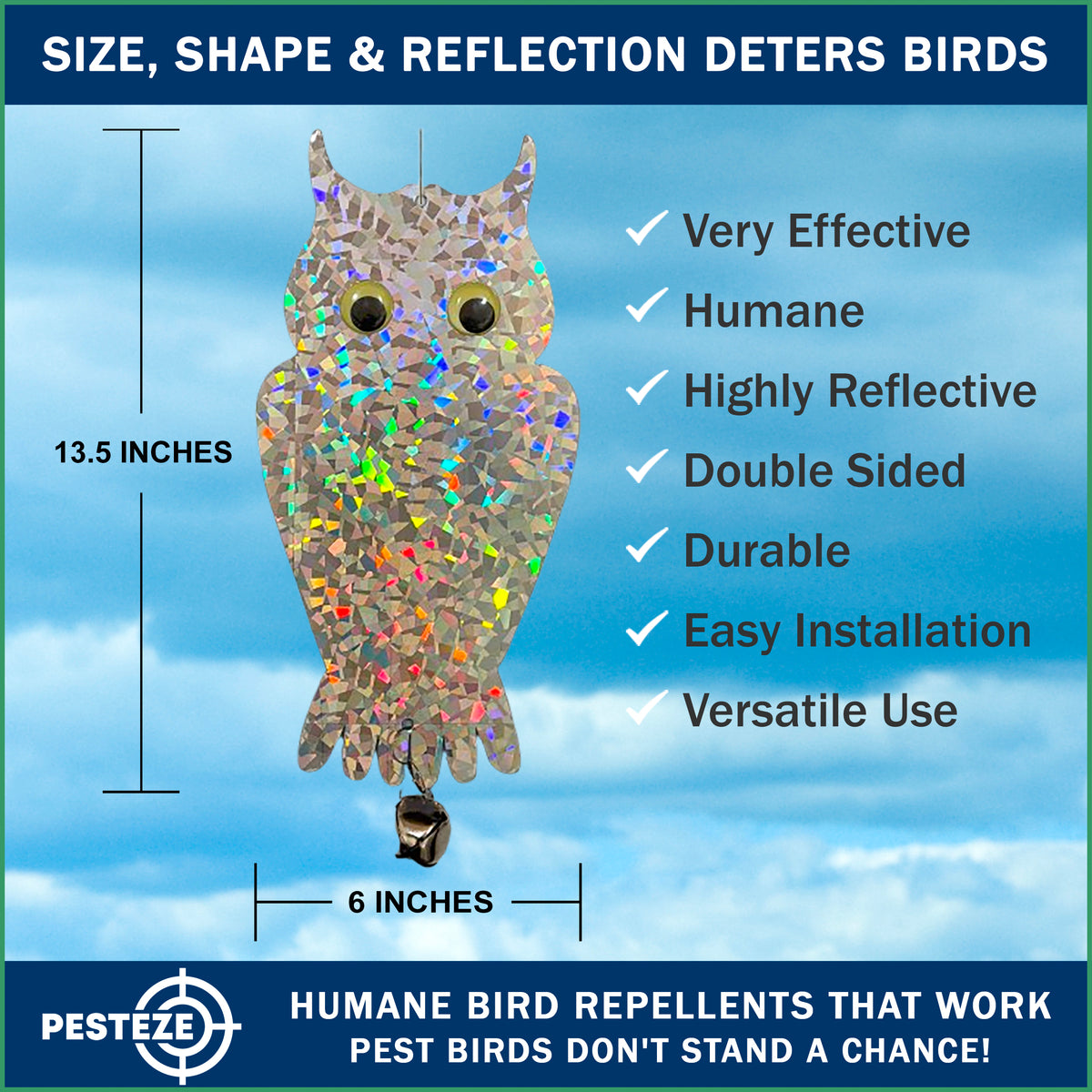 PESTEZE® USA Owl Bird Deterrent Reflective Hanging Decoy Repellent with Bell, 2 Pack 6 x 13.5 in Shiny Scare Device Keep Birds Away Outdoor Porch Garden Yard Patio Protect Property