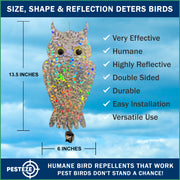 PESTEZE® USA Owl Bird Deterrent Reflective Hanging Decoy Repellent with Bell, 2 Pack 6 x 13.5 in Shiny Scare Device Keep Birds Away Outdoor Porch Garden Yard Patio Protect Property