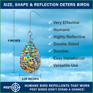 5 Pack PESTEZE® Shiny Water Droplet Repellents with Swivel & Hanger [3.25 x 5 inch] Reflection Scares Pest Birds like Woodpeckers, Sparrows, Pigeons, Crows & Gulls without Harming them to Protect Property