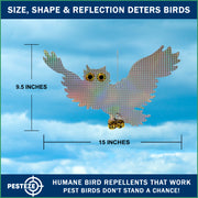 PESTEZE® USA Premium Owl Bird Repellent Holographic Decoy with 2 Bells [15 × 9.5 in] Uses Reflective Shine & Sound to Deter Woodpeckers, Pigeons, Crows, Ducks, Geese & Outdoor Pests Safely Around Homes
