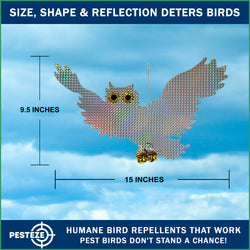 PESTEZE® Holographic Shiny Owl Bird Repellent with 2 Bells [15 x 9.5 inch] Reflection & Sound Scares Woodpeckers, Pigeons, Crows, Ducks, Geese & Critters from Yards without Harming them to Protect Property