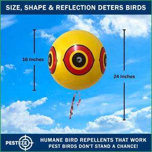 PESTEZE® Large 15" Yellow & Red, Bird Scare-Eye Balloon Repellents [2 Pack Multi-Color] Deters Unwanted Pest Birds like Ducks Pigeons, Gulls, Geese & Critters from Pools & Yards Without Harming Them To Protect Property