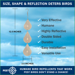 3 Piece PESTEZE® Water Droplet Stainless Steel Highly Reflective Decorative 3D Wind Spinner for Repelling Unwanted Birds & Critters. 2.5 X 12.5 Inch Premium Shiny, Attractive, Everlasting & Sturdy Bird Deterrent