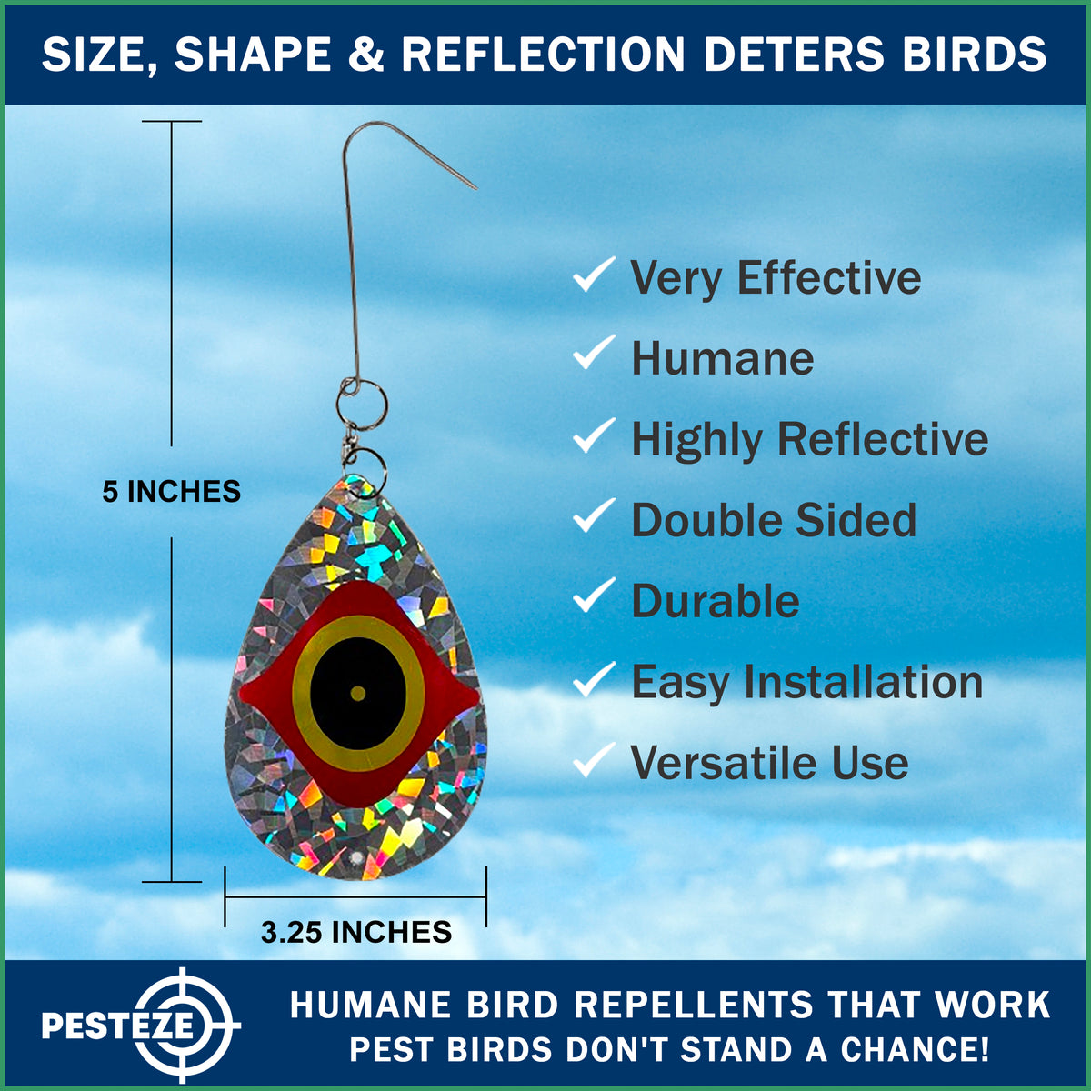 PESTEZE® USA Bird Deterrent Reflective Predator Eye Water Droplet Repellent Hanging with Swivel & Hanger 5 Pack 3.25 x 5. inch Shiny Wind Device Keep Birds Away Outdoor Porch Gardens Patios