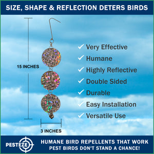 3 Pack PESTEZE® Set of 3 Holographic Shiny Circles with Bell [3 x 15 inch] Reflection Scares Pest Birds like Woodpeckers, Sparrows, Pigeons, Crows & Gulls without Harming them to Protect Property