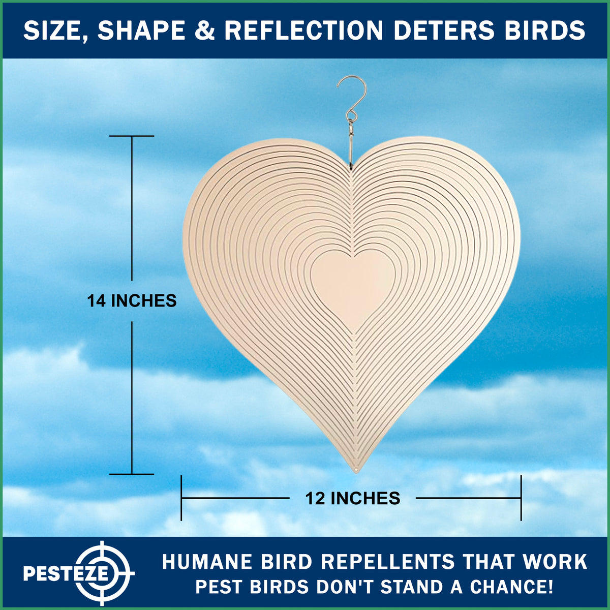 PESTEZE® USA Large Heart Stainless Steel Wind Spinner 12x14 Inch Reflective Outdoor Hanging Garden Decoration for Yard, Porch & Patio, 3D Spinning Metal Art Ornament Repels Birds & Add Sparkling Beauty