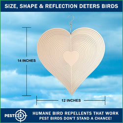 PESTEZE® Large Heart Stainless Steel Highly Reflective Decorative 3D Wind Spinner for Repelling Unwanted Birds & Critters. 12 x 14 Inch Premium Shiny, Beautiful & Long Lasting Bird Repellent.