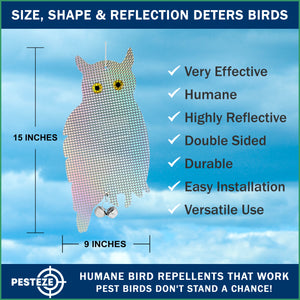 PESTEZE® Holographic Shiny Owl Bird Repellent With 2 Bells [9 x 15 inch] Reflection & Sound Scares Woodpeckers, Pigeons, Crows, Ducks, Geese & Critters from Yards Without Harming them to Protect Property