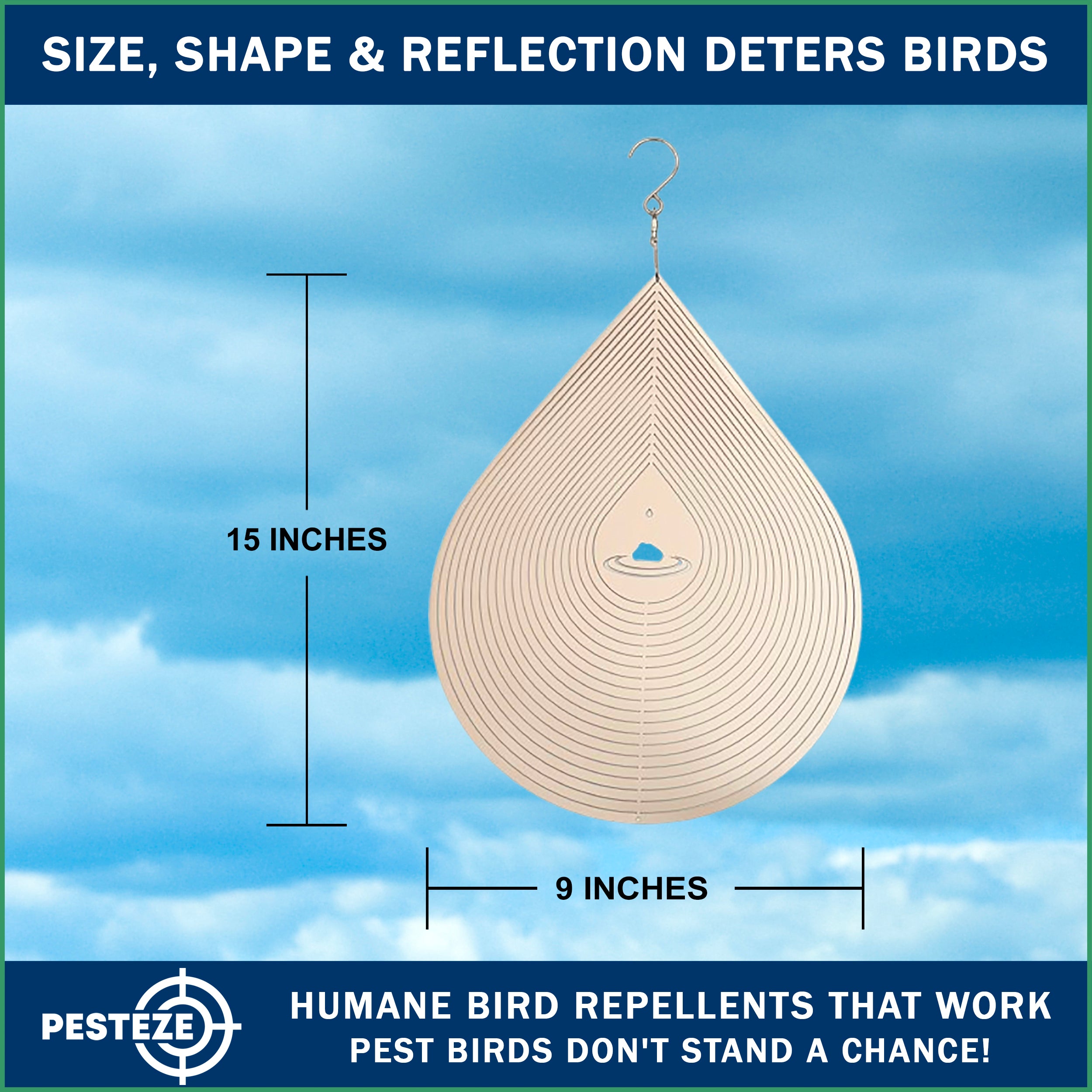 PESTEZE® Large Water Droplet Stainless Steel Highly Reflective Decorative 3D Wind Spinner for Repelling Unwanted Birds & Critters. 9 x 15 Inch Premium Shiny, Beautiful, Long Lasting & Durable Bird Repellent.