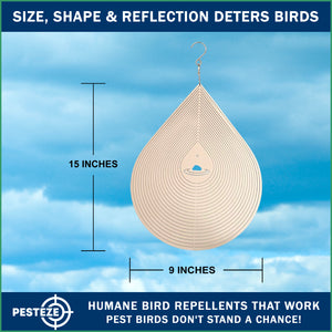 PESTEZE® Large Water Droplet Stainless Steel Highly Reflective Decorative 3D Wind Spinner for Repelling Unwanted Birds & Critters. 9 x 15 Inch Premium Shiny, Beautiful, Long Lasting & Durable Bird Repellent.