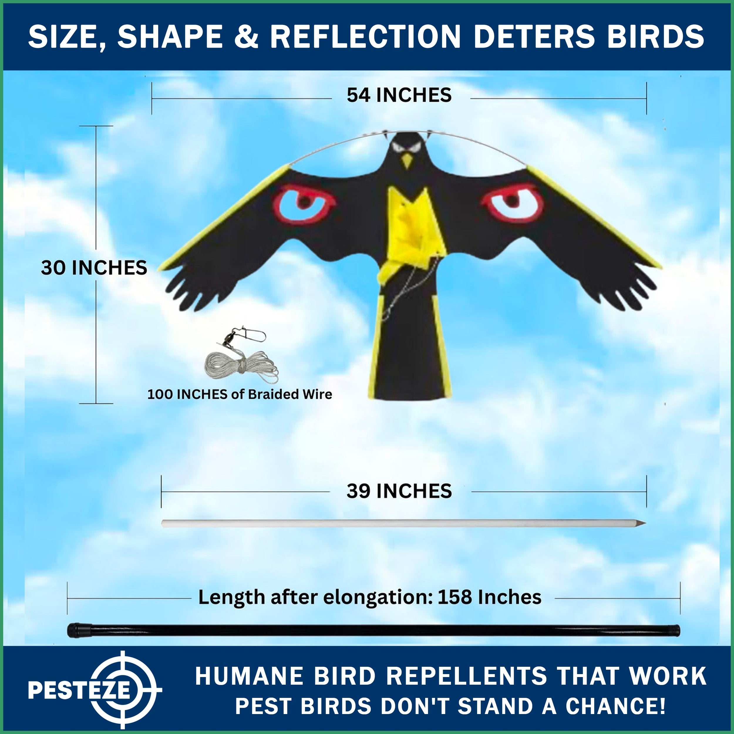 PESTEZE® Black Flying Hawk 54 x 30 Inch Kite with Predator Eyes & 13 ft Flagpole to Deter Birds. Use in Yards & Farms to Protect Vegetables, Fruits, Crops & Property from Pest Birds & Critters without Harming them