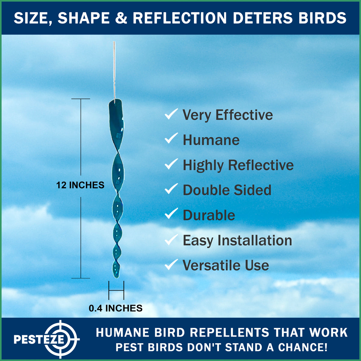 PESTEZE® USA Bird Scare Reflective Rods Bird Deterrent Outdoor Device for Birds Pigeons Crows Woodpeckers Sparrows Geese Reflective Spinners Bird Repellent for Patio Garden Roof Balcony [6 Pack Blue]