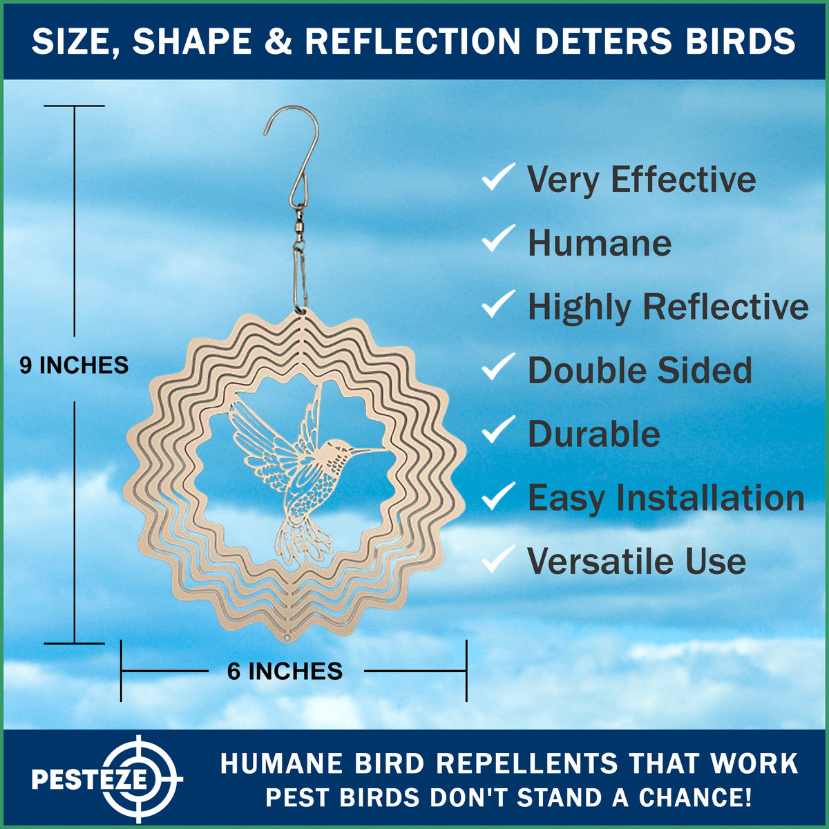 PESTEZE® USA Wind Spinner Stainless Steel Hummingbird 3D Decorative Kinetic Design for Outdoor Garden and Yard Use, Reflective Hanging Art to Deter Pest Bird Activity and Add Beautiful Motion [5×8 in]