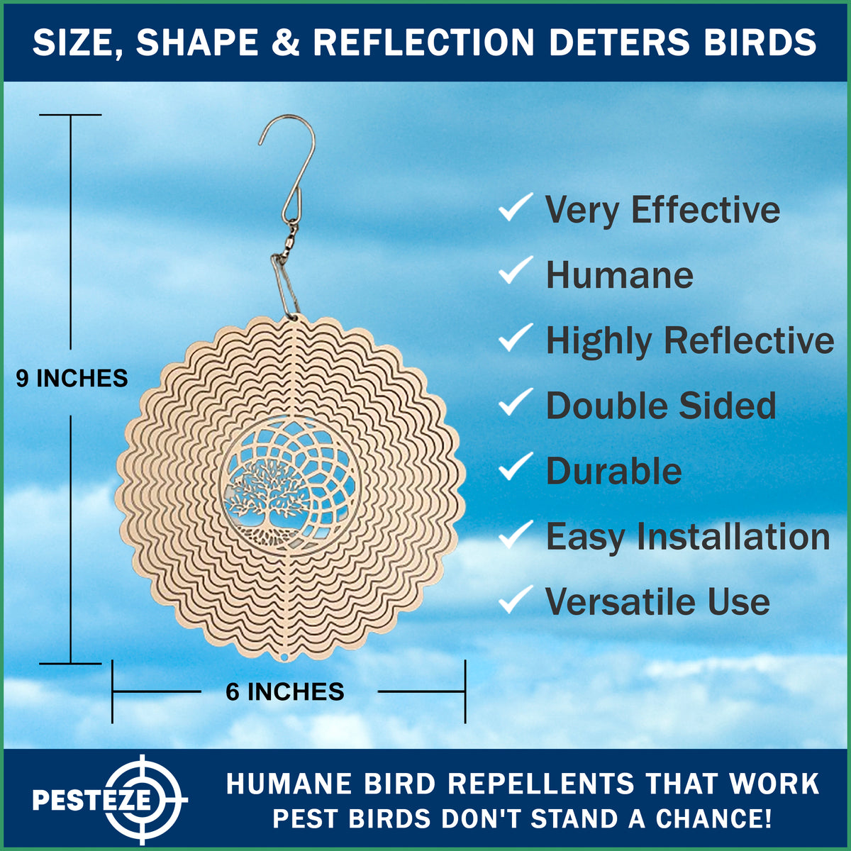 PESTEZE® USA Premium Tree of Life Wind Spinner – 6x9’’ Stainless Steel Reflective 3D Hanging Outdoor Spinner for Bird Deterrent, Garden & Yard Metal Ornament | Durable, Decorative & Humane Pest Control