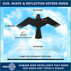 PESTEZE® Black Flying Hawk 54 x 30 Inch Kite Bird Deterrent with 13 ft Flagpole. Use in Yards & Farms to Protect Vegetables, Fruits, Crops & Property from Pest Birds & Critters without Harming them