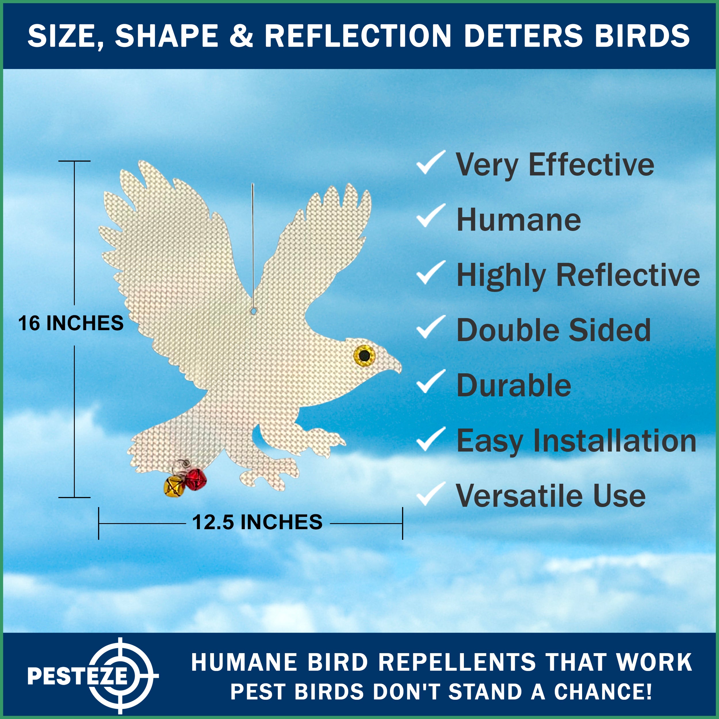 PESTEZE® Shiny Holographic Owl Bird Repellent with 2 Bells [12.5 x 16 inch] Sound & Reflection Deters Woodpeckers, Pigeons, Crows, Ducks, Geese & Critters from Yards without Harming them to Protect Property