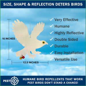 PESTEZE® Shiny Holographic Owl Bird Repellent with 2 Bells [12.5 x 16 inch] Sound & Reflection Deters Woodpeckers, Pigeons, Crows, Ducks, Geese & Critters from Yards without Harming them to Protect Property