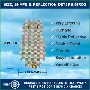 PESTEZE® Holographic Shiny Owl Bird Repellent with 2 Bells [8.25 x 15 inch] Sound & Reflection Deters Woodpeckers, Pigeons, Crows, Ducks, Geese & Critters from Yards without Harming them to Protect Property