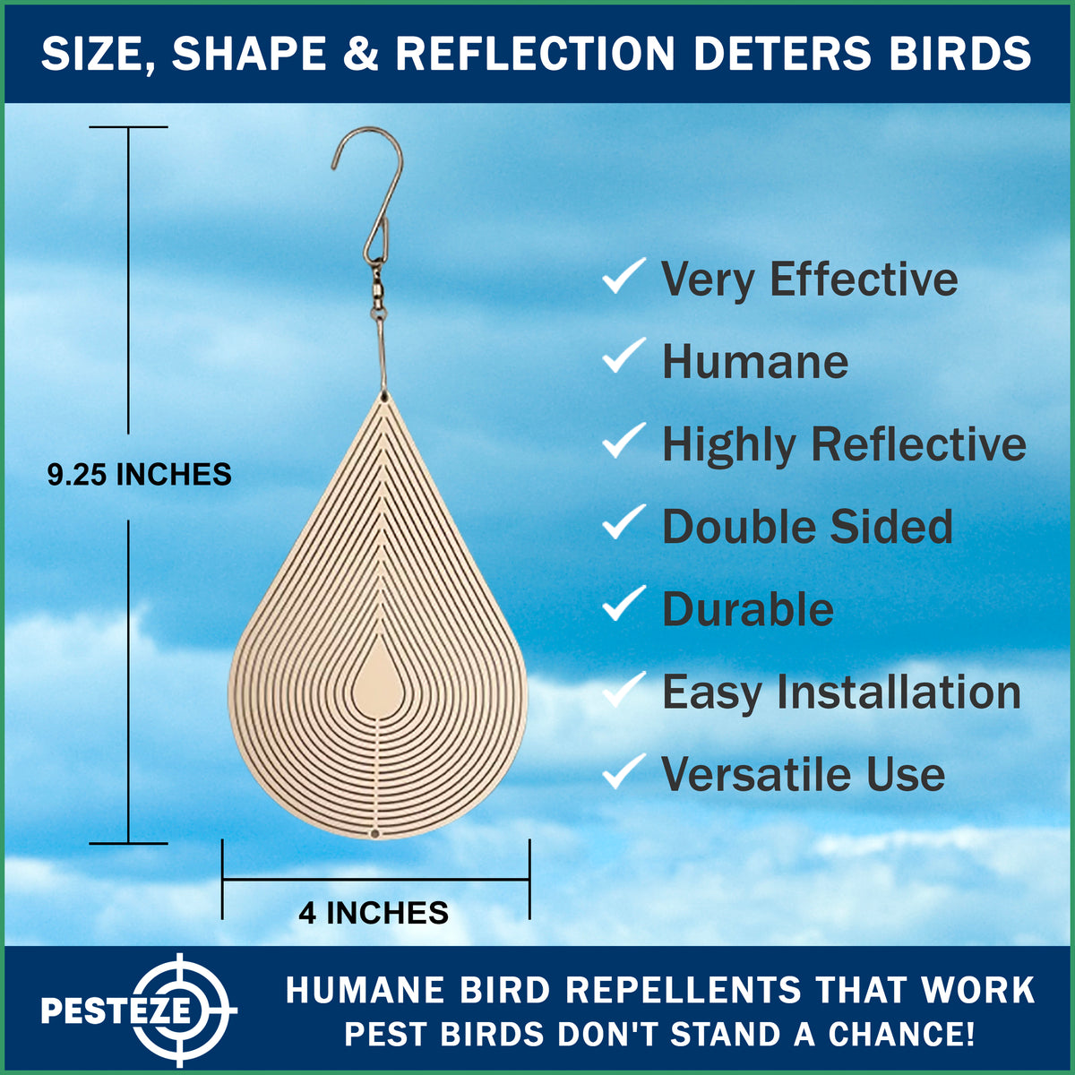 PESTEZE® USA Water Droplet Wind Spinner, 4×9.25 Stainless Steel Highly Reflective Outdoor Hanging Spinner for Bird Deterrent, Garden & Yard Decor, Resistant Metal Art with 360° Wind Motion Easy Install