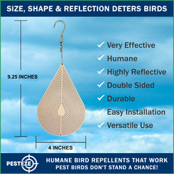 PESTEZE® Water Droplet Stainless Steel Highly Reflective Decorative 3D Wind Spinner for Repelling Unwanted Pest Birds & Critters. 4 x 9.25 Inch Premium Shiny, Attractive, Durable & Humane Bird Deterrent