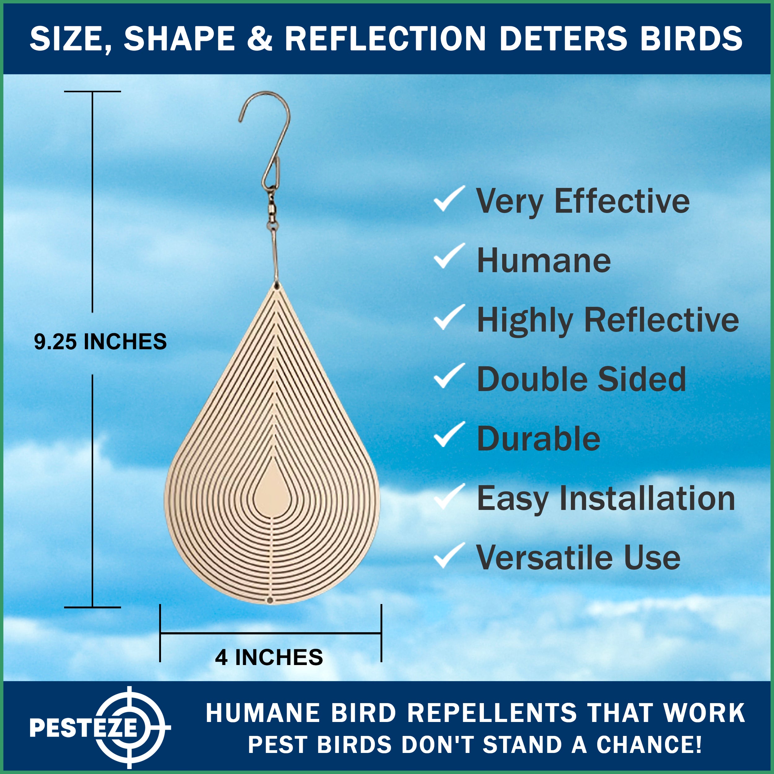 PESTEZE® Water Droplet Stainless Steel Highly Reflective Decorative 3D Wind Spinner for Repelling Unwanted Pest Birds & Critters. 4 x 9.25 Inch Premium Shiny, Attractive, Durable & Humane Bird Deterrent