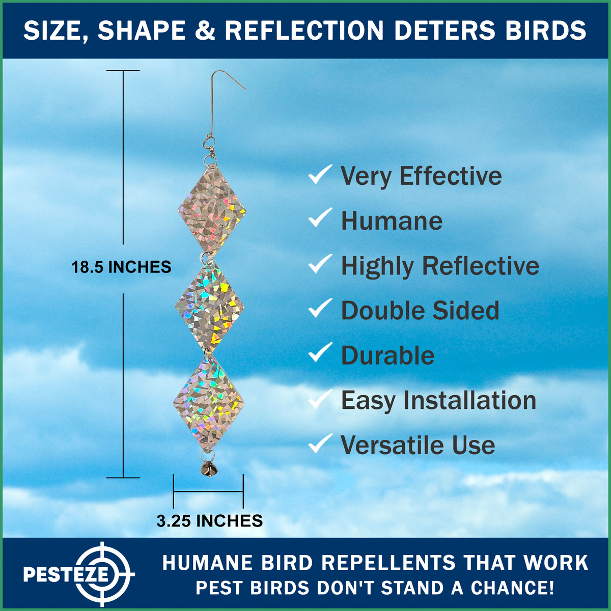 PESTEZE® USA Set of 3 Shiny Holographic Squares with Bell [6 Pack, 3.25 x 18.5 inch] Reflection Predators Pest Birds like Woodpeckers, Sparrows, Pigeons, Crows & Gulls without Harming them to Protect Property
