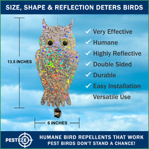 4 Pack PESTEZE® Shiny Holographic Owl Bird Repellent with Bell & Swivel [6 x 13.5 inch] Reflection Scares Pest Birds like Woodpeckers, Sparrows, Pigeons, Crows & Gulls without Harming them to Protect Property