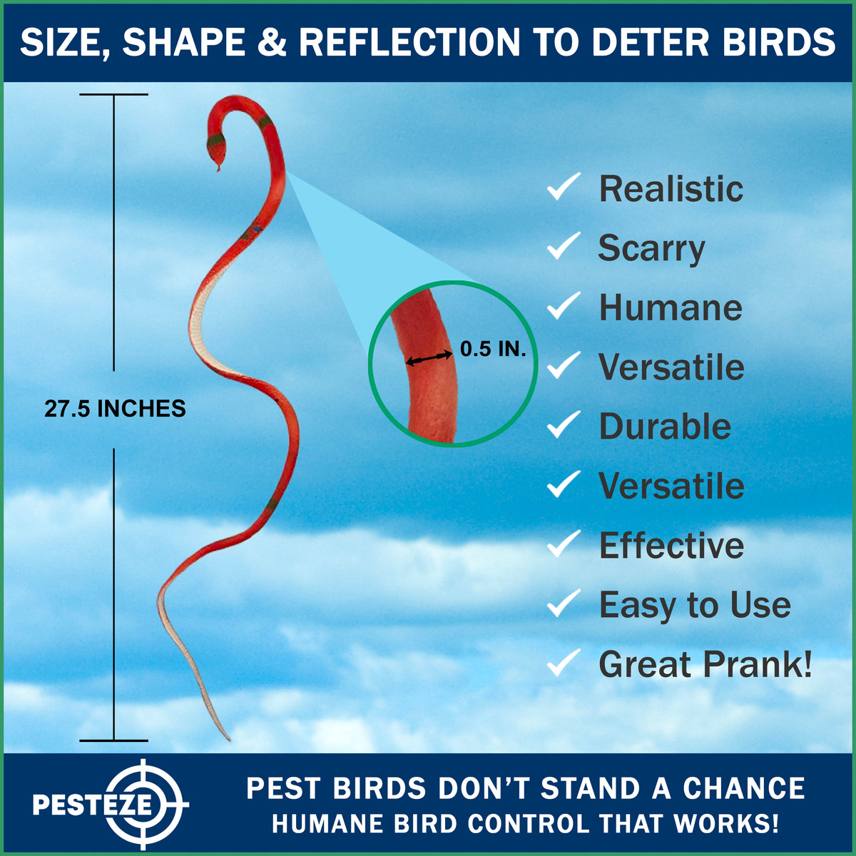PESTEZE® USA Variety 27 Inch Realistic Rubber Snakes [2 Pack] Predators Pest Bids like Woodpeckers, Sparrows, Pigeons, Crows, Gulls & Critters without Harming them to Protect Property