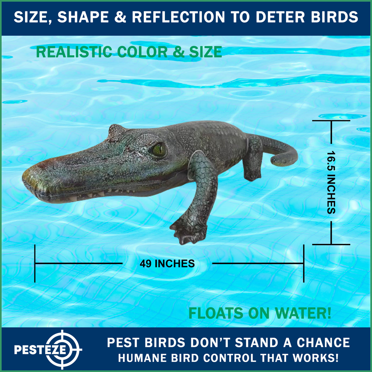 PESTEZE® USA Inflatable Alligator Decoy – Realistic 50" Floating Gator for Pool, Pond, Docks & Yards; Helps Scare Pest Birds, Ducks & Geese; Durable Plastic Floating Reptile for Outdoor Safe Property