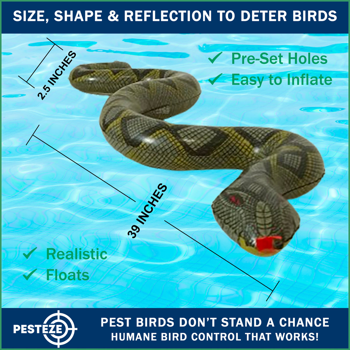 PESTEZE® USA Snake Decoy 2-Pack – Realistic 39" Inflatable Snake in Grey & Green Help Deter Birds, Squirrels & Outdoor Pests from Pool, Garden, Lawns & Yards; Lightweight Fake Reptile for Safe Property