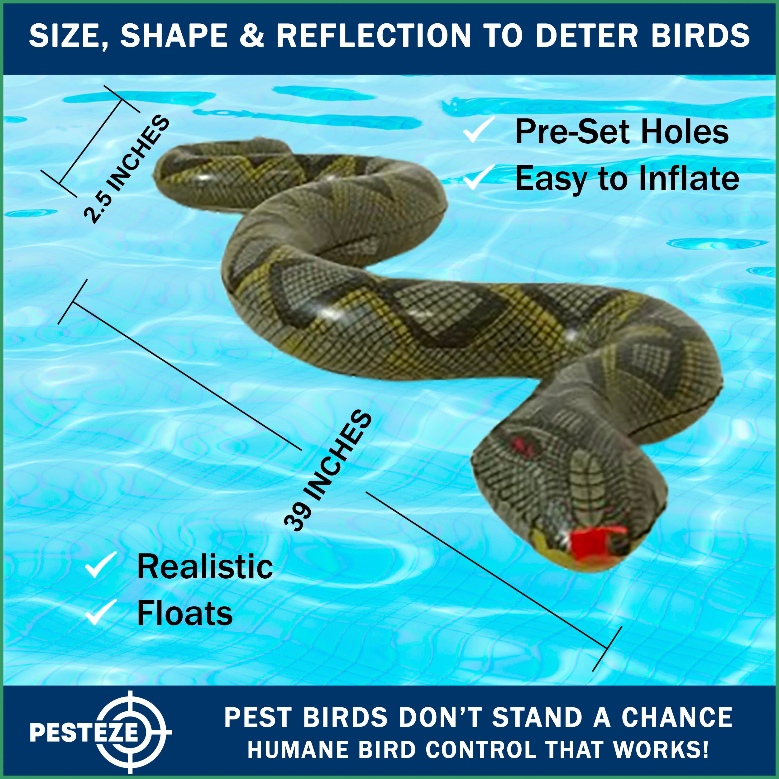 PESTEZE® USA Brown 39 Inch Realistic Inflatable Snakes [1 Pack] Repels Pest Birds Like Woodpeckers, Sparrows, Pigeons, Crows, Gulls & Critters from Pools & Yards Without Harming Them to Protect Property