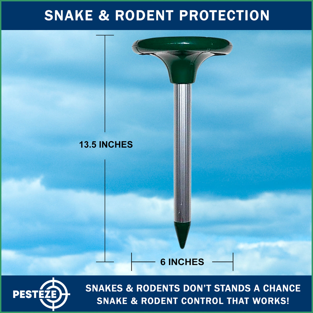 PESTEZE® Solar Snake & Rodent Sound Deterrent. Audible Sound Deters Snakes & Burrowing Rodents like Moles, Voles Gophers, Chipmunks, Groundhogs & Woodchucks from Destroying Gardens & Vegetables - Pesteze
