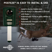PESTEZE® Solar Ultrasonic Animal Repellent. Detects & Deters Unwanted Animals like Skunk, Deer, Coyote, Fox, Wolf, Rabbitt, Raccoon & Birds. Protect Property & Livestock without Harming Animals or People - Pesteze
