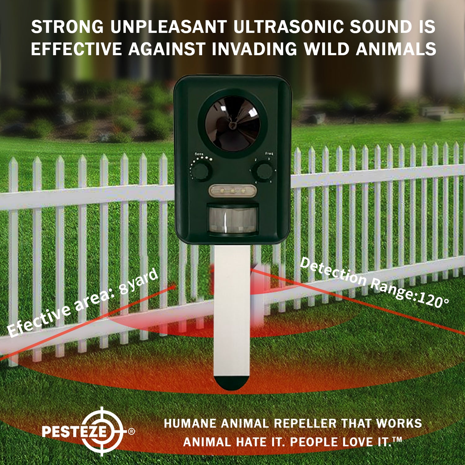 PESTEZE® Solar Ultrasonic Animal Repellent. Detects & Deters Unwanted Animals like Skunk, Deer, Coyote, Fox, Wolf, Rabbitt, Raccoon & Birds. Protect Property & Livestock without Harming Animals or People - Pesteze