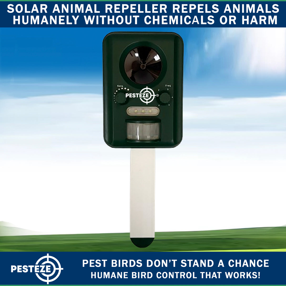 PESTEZE® Solar Ultrasonic Animal Repellent. Detects & Deters Unwanted Animals like Skunk, Deer, Coyote, Fox, Wolf, Rabbitt, Raccoon & Birds. Protect Property & Livestock without Harming Animals or People - Pesteze