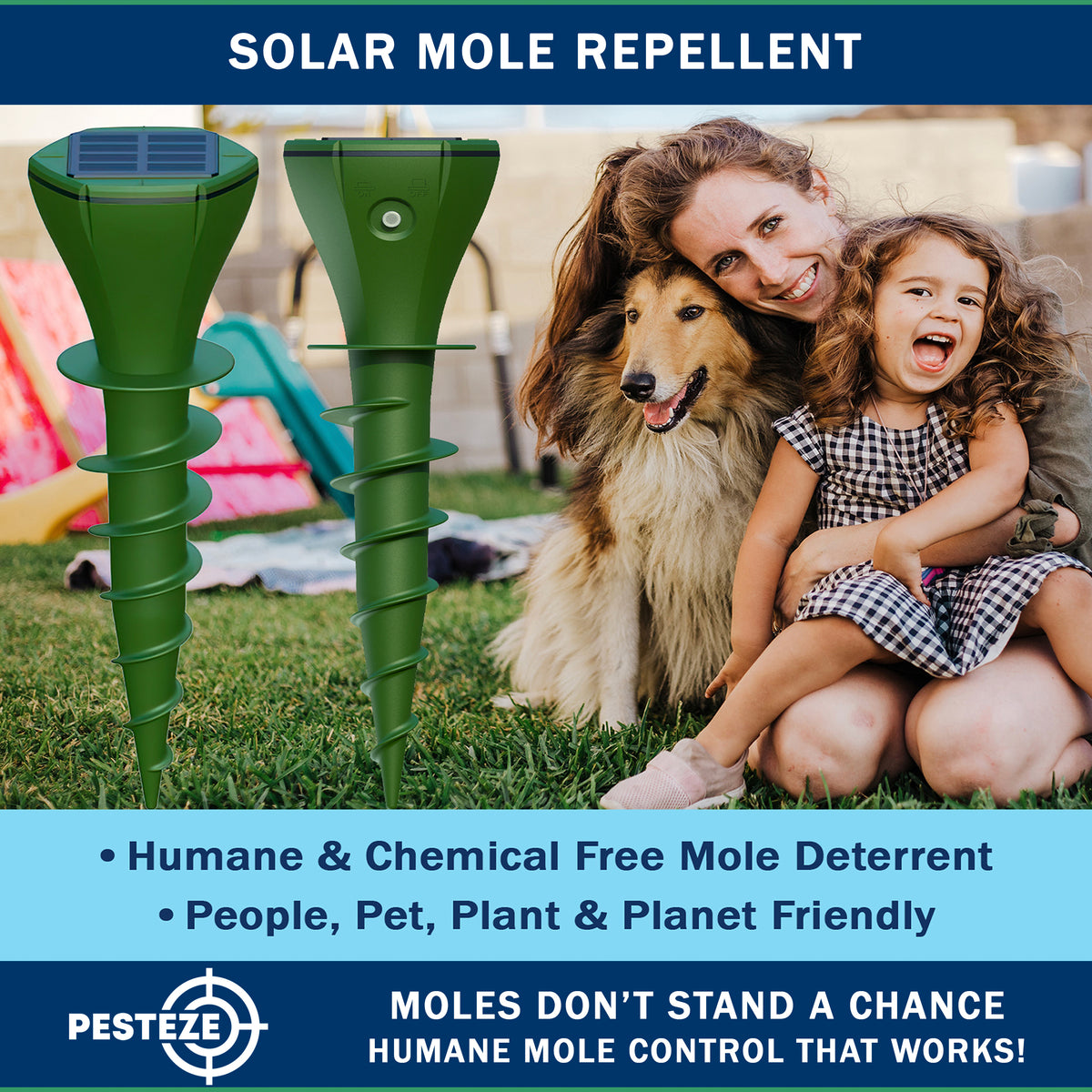 PESTEZE® USA Premium 2 Pack Solar Vibrating Rodent Repeller – Deters Mole, Snake, Gopher, Chipmunk, Groundhog & Woodchuck Activity; Humane Yard Deterrent with Waterproof Design and Easy Installation